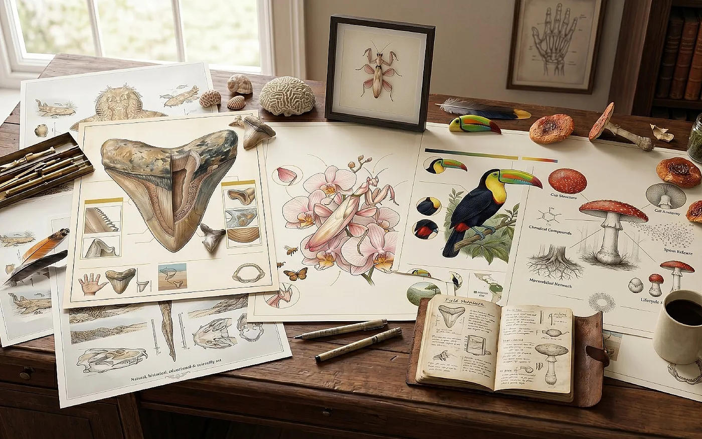 Wooden desk with finished plates spread out: a megalodon tooth study, an orchid mantis on a flower, a keel-billed toucan and a fly agaric mushroom anatomy, alongside a field journal and brass drawing tools.