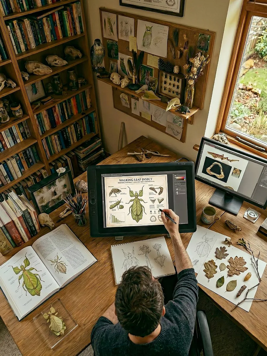 Overhead view of the drawing desk: an illustrator works on a plate of a walking-leaf insect on a Wacom display, surrounded by reference books, pressed leaves, sketchbooks and pinned specimens.