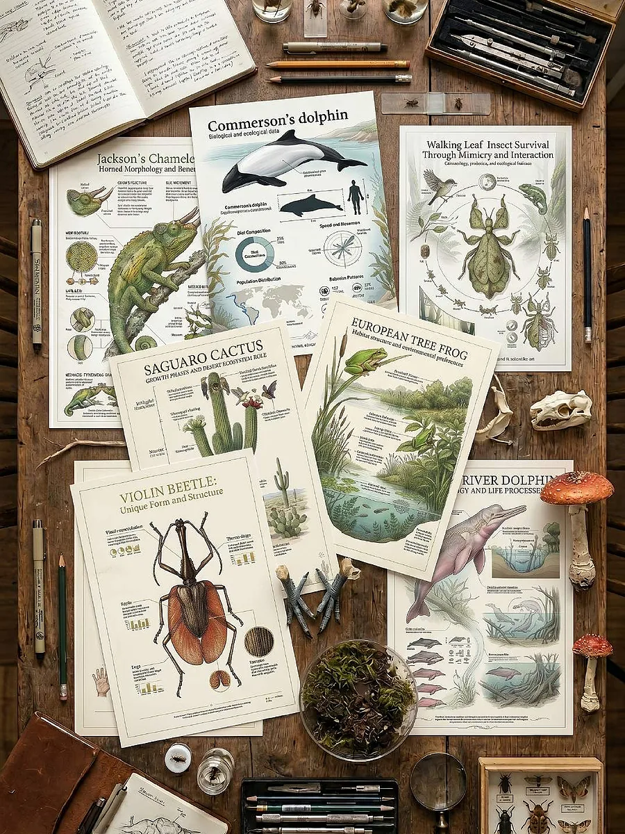 Overhead arrangement of finished plates: Jackson's chameleon, Commerson's dolphin, walking-leaf insect, saguaro cactus, European tree frog, violin beetle and river dolphin, with a field notebook, drafting instruments and pinned specimens.