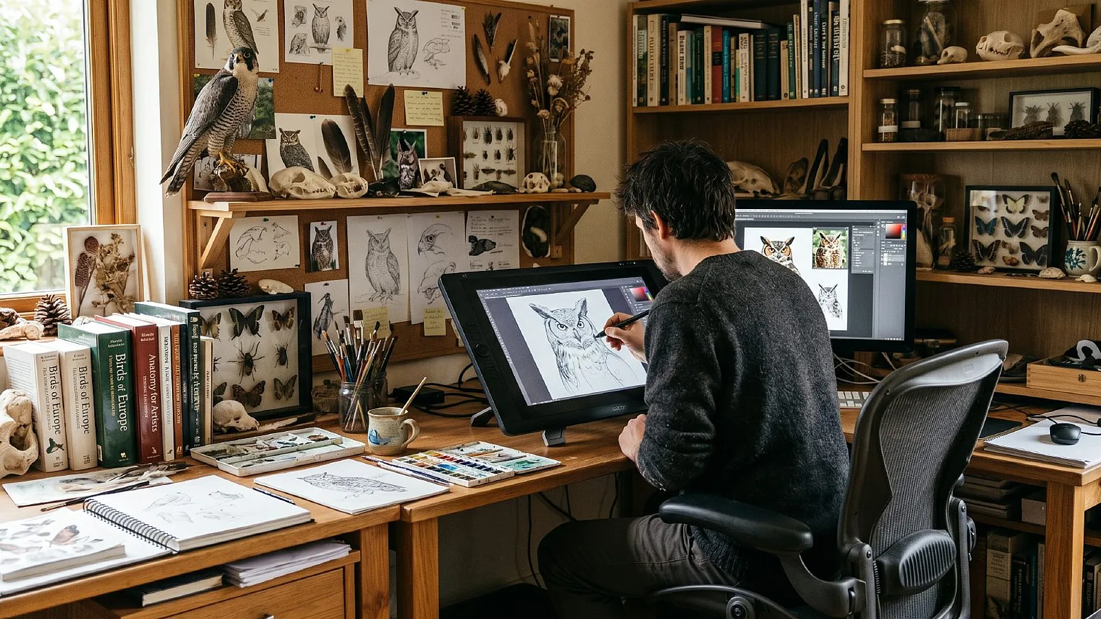 The atelier: an illustrator at a wooden desk surrounded by taxidermied birds, shells, pinned beetles, brass instruments and a laptop, working on a scientific plate by lamplight.